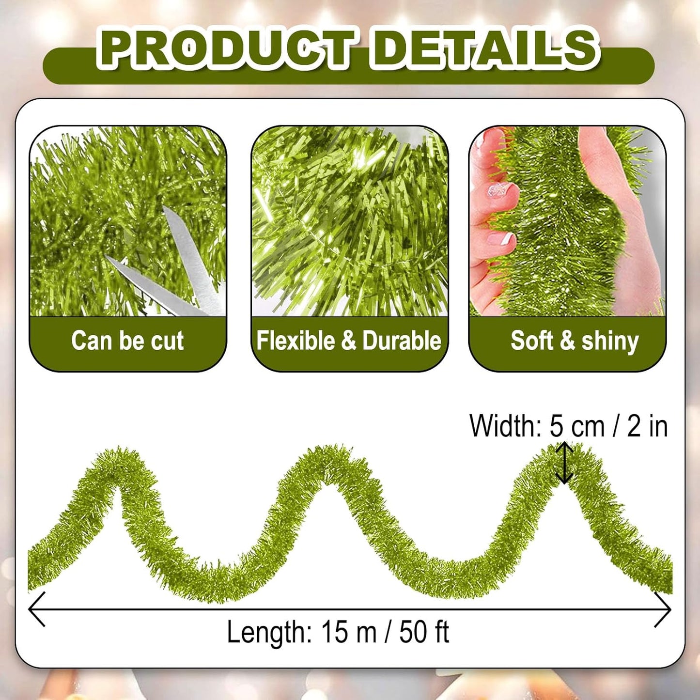 50 Feet Christmas Foil Fringe Banner Metallic Tassle Garland Metallic Backdrop Parade Floats Shiny Hanging Ceiling, Valentine's, Wedding, New Year Party Decorations(2" x 50', Light Green)