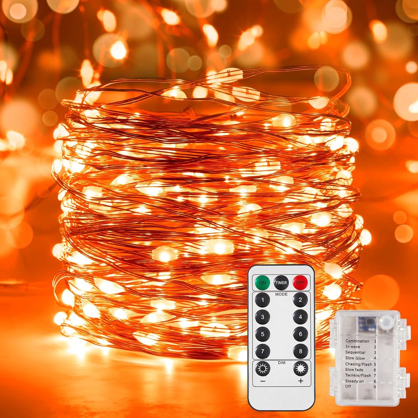 1 Pack 65.6 Ft. Battery Operated Outdoor String Lights with Remote & Timer, LED Orange Fairy Lights, Waterproof Twinkle Lights for Bedroom, Dorm, Mason Jar, Wedding, Party, Christmas