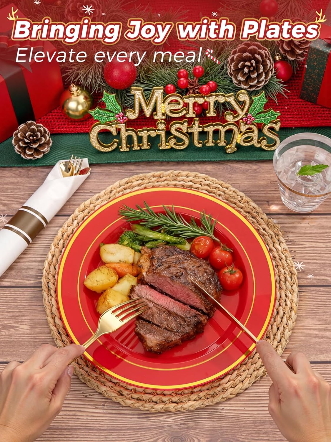 175 Pieces Christmas Plastic Plates - Red Plastic Plates with Gold Rim Include 25 Dinner Plate 10”, 25 Dessert Plate 7”, 25 gold Cups 9 OZ, 25 Pre Rolled Napkins for Christmas/Party