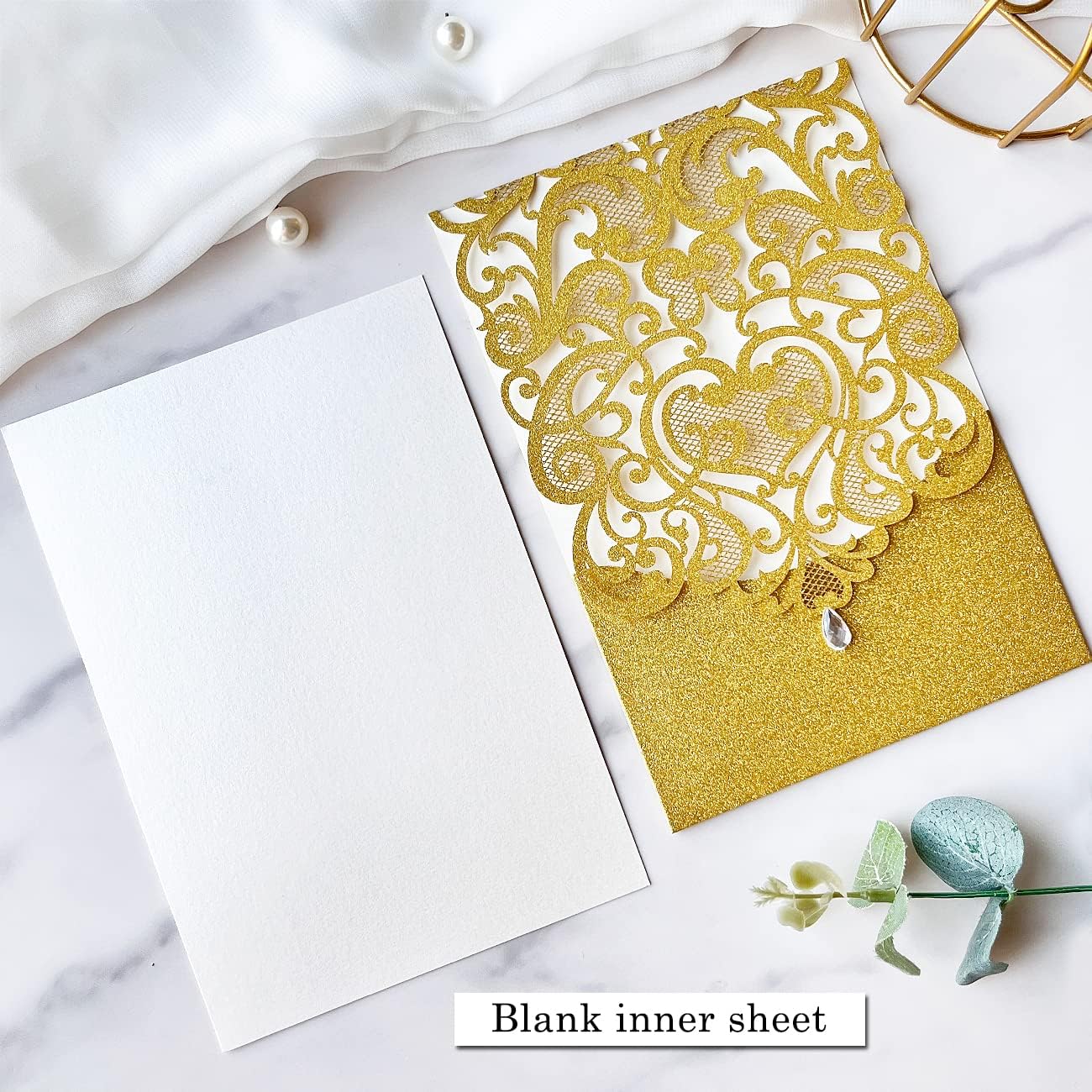 Hosmsua 50PCS Blank Wedding Invitation Cards 5 x 7.3 Inch Gold Laser Cut Hollow Heart Floral Invitation with Rhinestone pockets invitations for Engagement Quinceanera Invite (Gold Glitter)