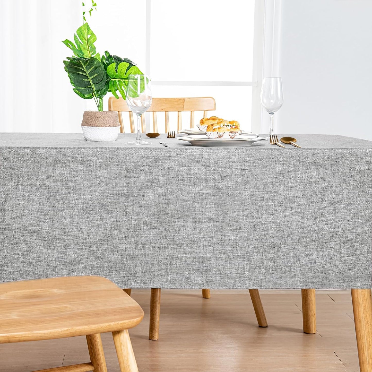 Hiasan Faux Linen Rectangle Tablecloth - Wrinkle and Stain Resistant Washable Table Cloth for Kitchen Dining Room Holiday Table Cover for Dinner, Light Grey, 52 x 70 Inch