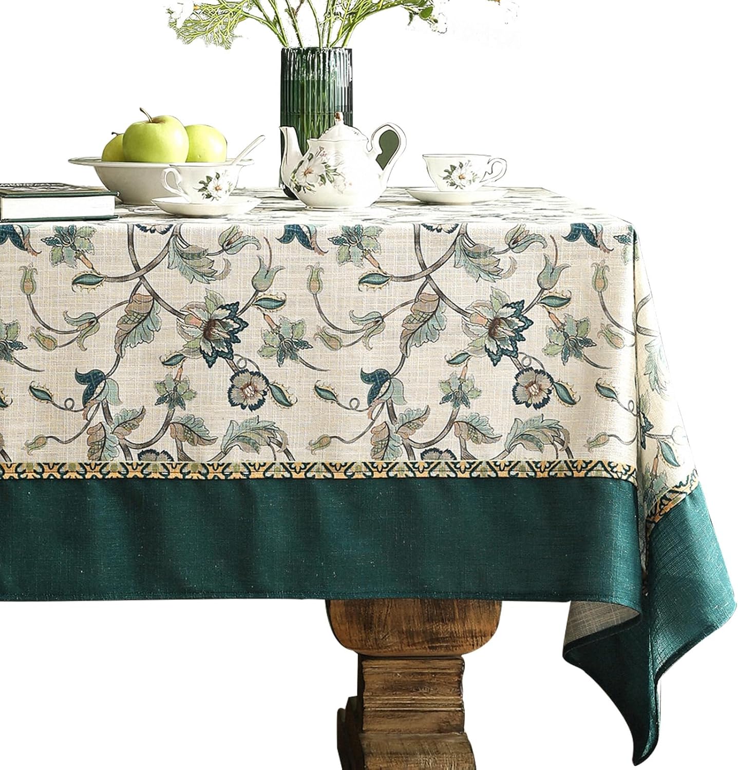 patdrea Designer Green Linen Table Cloth for Rectangle Table,Vintage Floral Pattern Durable Tablecloth,French Cover Decor for Kitchen Dining,Christmas,Thanksgiving,Tea Party,63"x87"-Noah