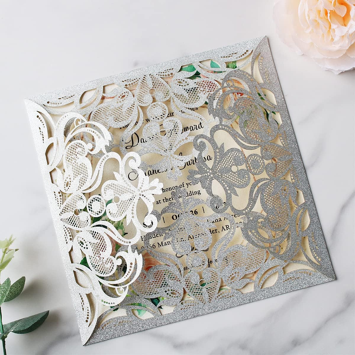 Hosmsua 50PCS Personalized Silver Glitter Laser Cut Wedding Invitation Cards With Envelopes 6.3 x 6.3 Inch Hollow Lace Rose Pocket and for Quinceanera Wedding Invite (Silver Glitter)