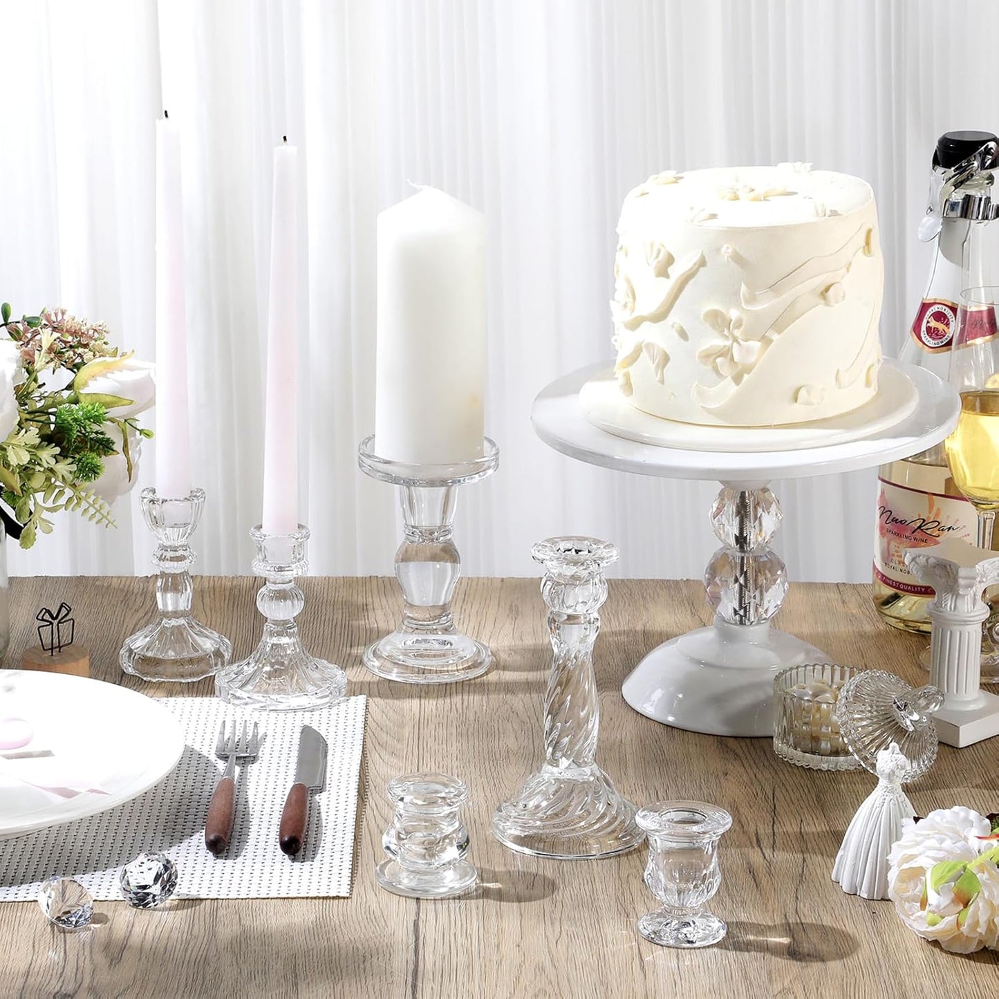 Mumufy 6 Pcs Glass Crystal Taper Candle Holders Clear Glass Candlestick Holder Fit 0.8 Inch Candles Crystal Decorative Candle Stand Centerpiece Table Wedding Dining Party (Simple,Clear)