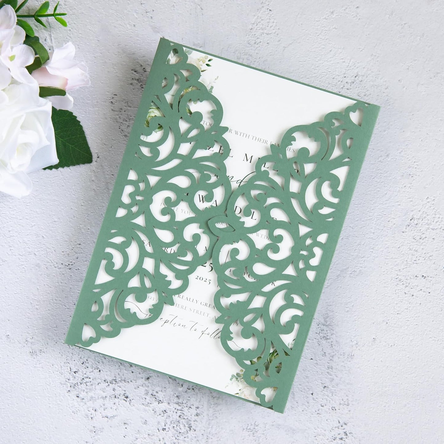 20Pcs Sage Green Laser Cut Invitation Cards With Blank Inner Sheets for Wedding Cards Bridal Shower Engagement Quinceanera Invitation (No Envelopes)