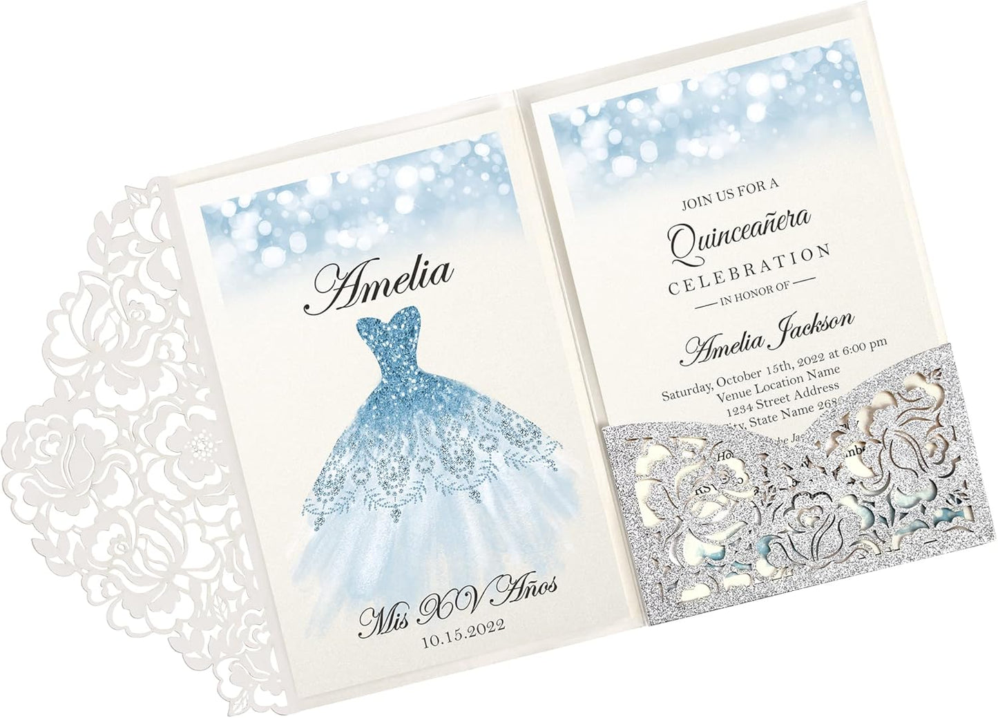 DORIS HOME 50pcs Laser Cut Quinceanera Invitations Silver Glitter, 4.7x7.1 Personalized Quince Invitations for 15th Birthday, Invitation cards for Sweet 16 with Envelopes