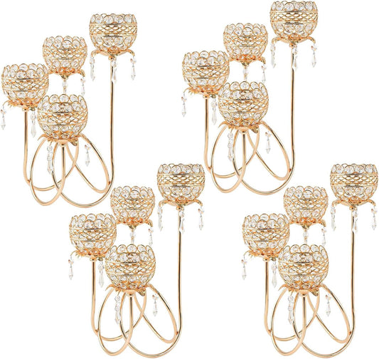 4 Arms Crystal Candelabra Tealight Holder - Tall 15.7 Inch Elegant Centerpiece with Crystal Pendant Bowls & Artistic Metal Stand for Wedding, Dining Table, Home Decor (4, Gold)