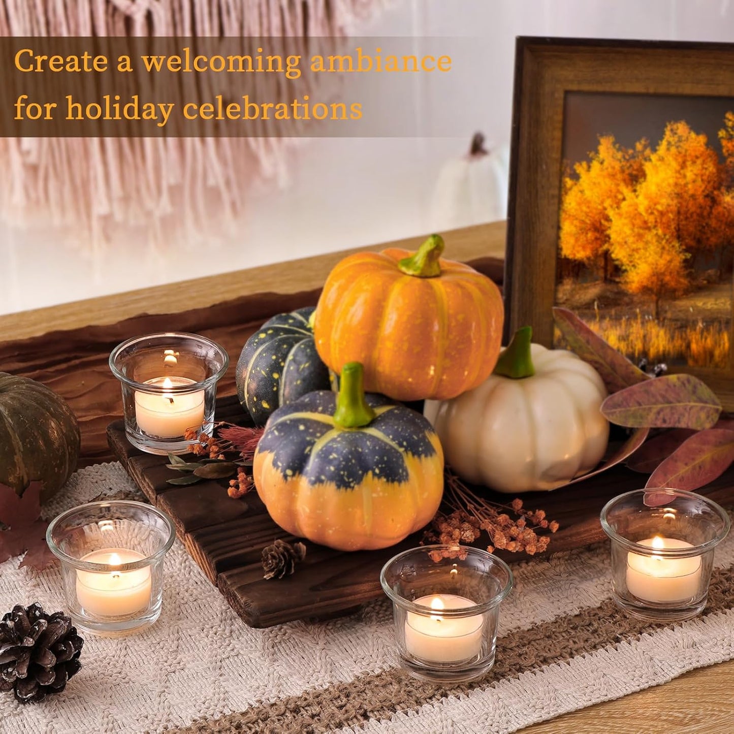 LETINE 24pcs Clear Tealight Candle Holder & 24pcs White, Smokeless, Unscented Soy Wax Tea Candles - Votive Candle Holders, Tea Lights Candles for for Fall Decorations,Weddings Decor