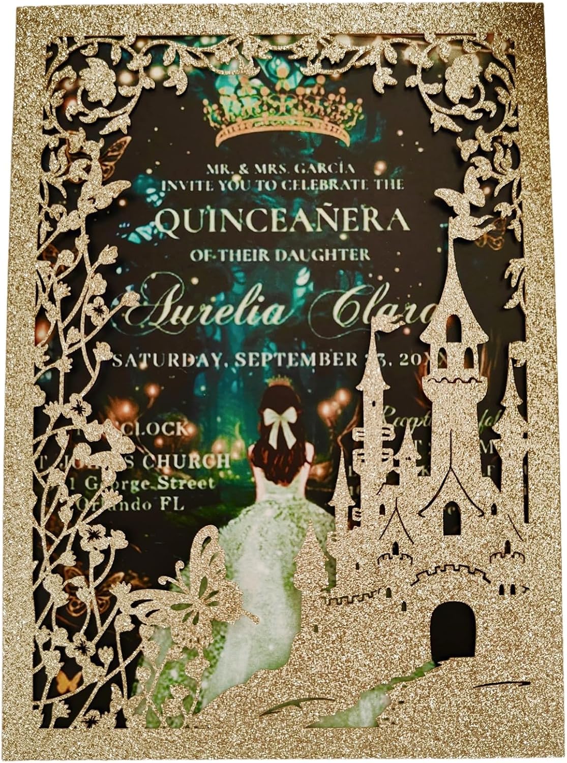 20PCS Castle Pocket Invitations, Quinceanera Invitations with Envelopes, Princess Invitation, Laser Cut quince invites (glitter light gold)