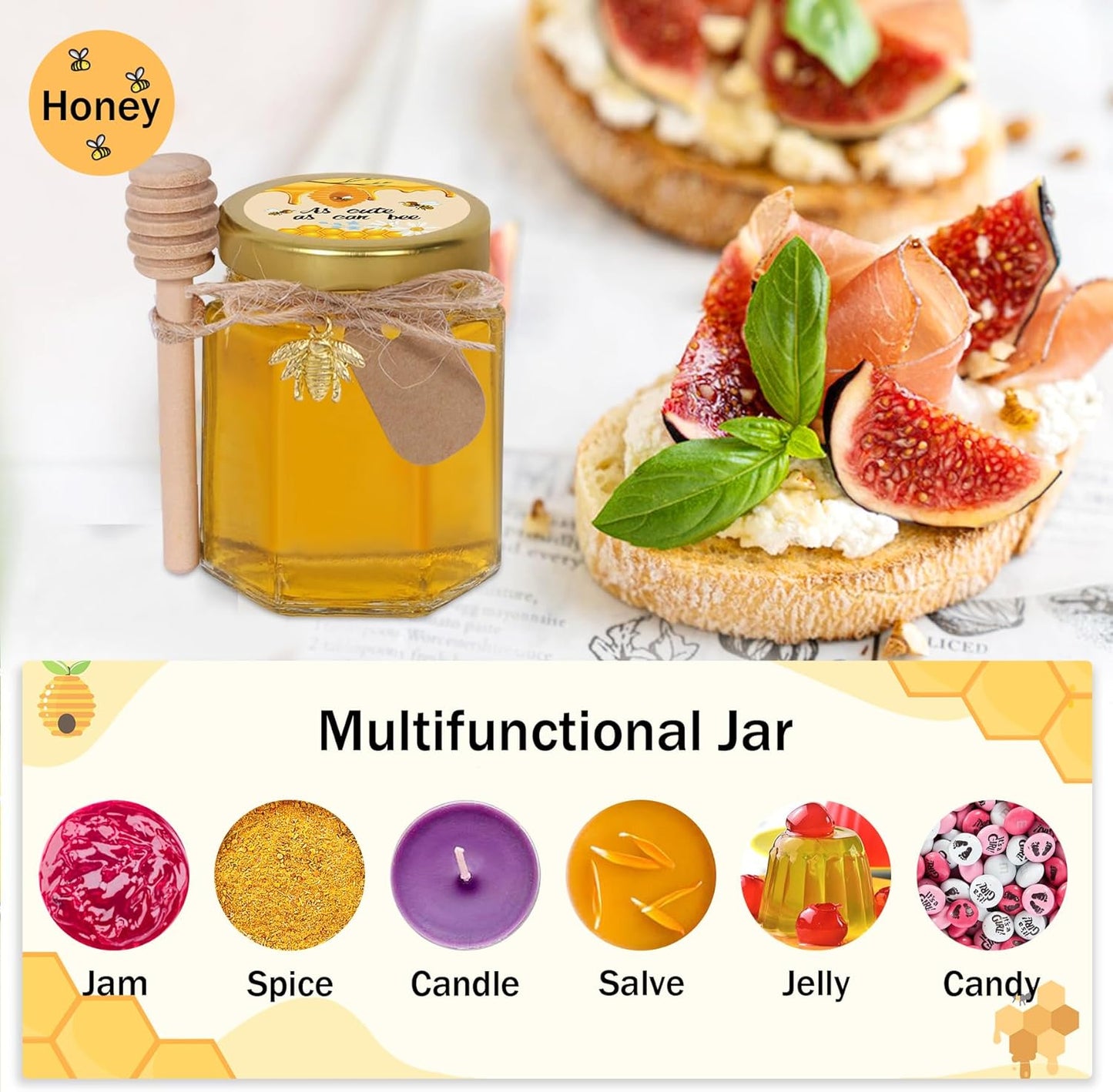 Aliggbent 70 Pack Small Honey Jars for Party Favors in Bulk, 3 oz Mini Hexagon Glass Honey Jars with Dippers, Lids, Cute Stickers, Bee Charms, Gift Bags and Jute for Baby Showers, Weddings, Birthdays