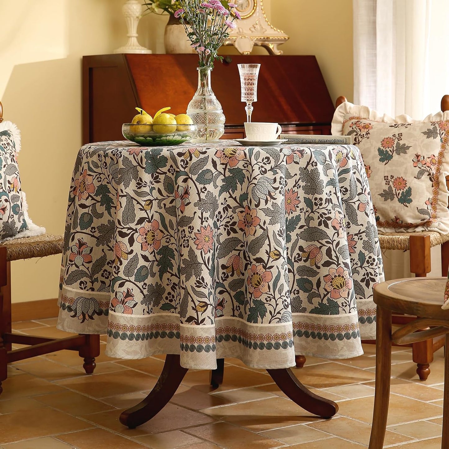 ISAENNE Designer Boho Floral Round Tablecloth,Linen Lotus Flower Pattern Colorful Indoor Table Cloth,Durable Decor Tablecloths for Dining Thanksgiving Kitchen Christmas,Diameter 67"-Hazel A