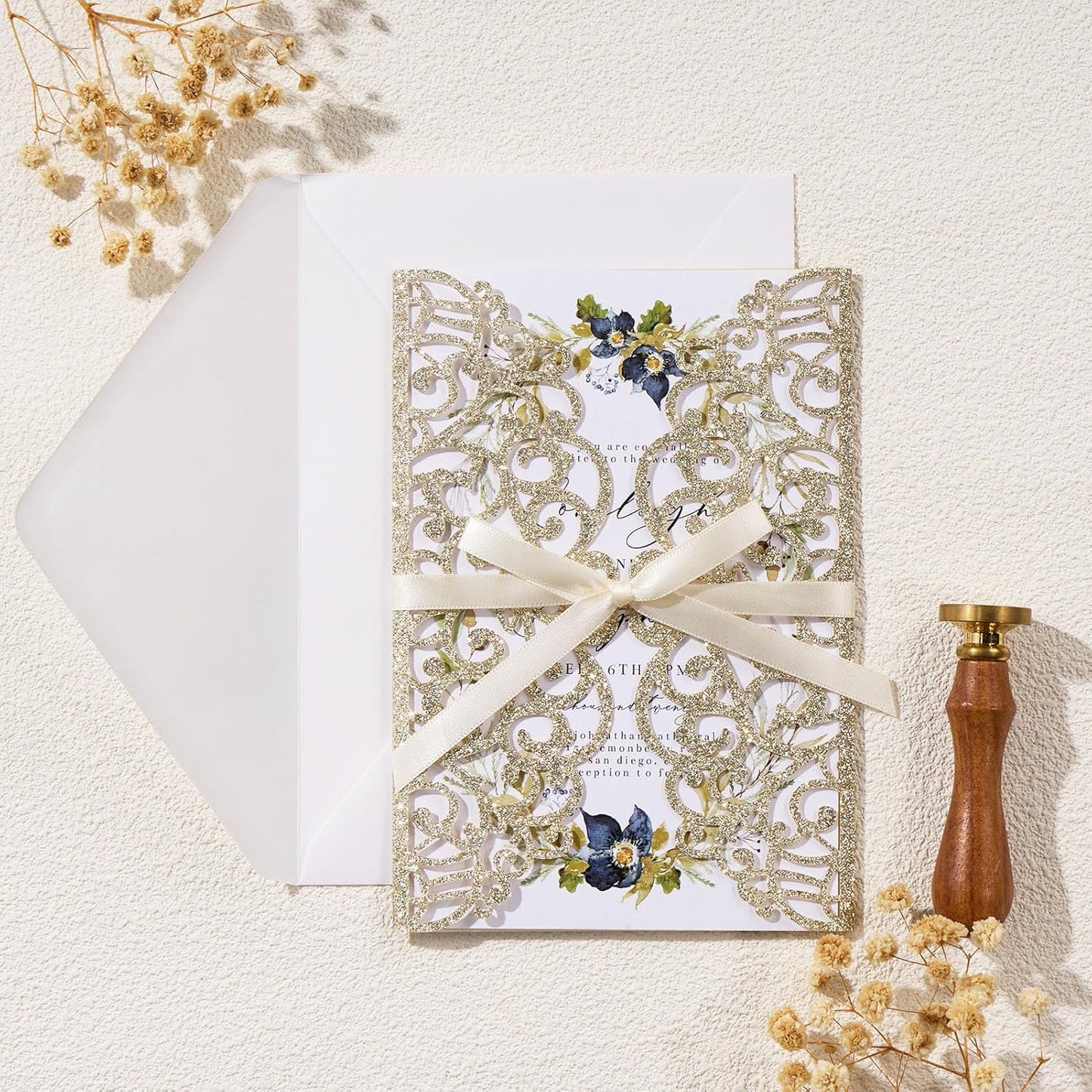 25pcs Glitter Wedding Invitations with Envelopes and RSVP Cards Gold Personalized Laser Cut Party Invitation with Ribbons for Wedding Engagement Baby Bridal Shower Quinceanera Birthday Party Invite