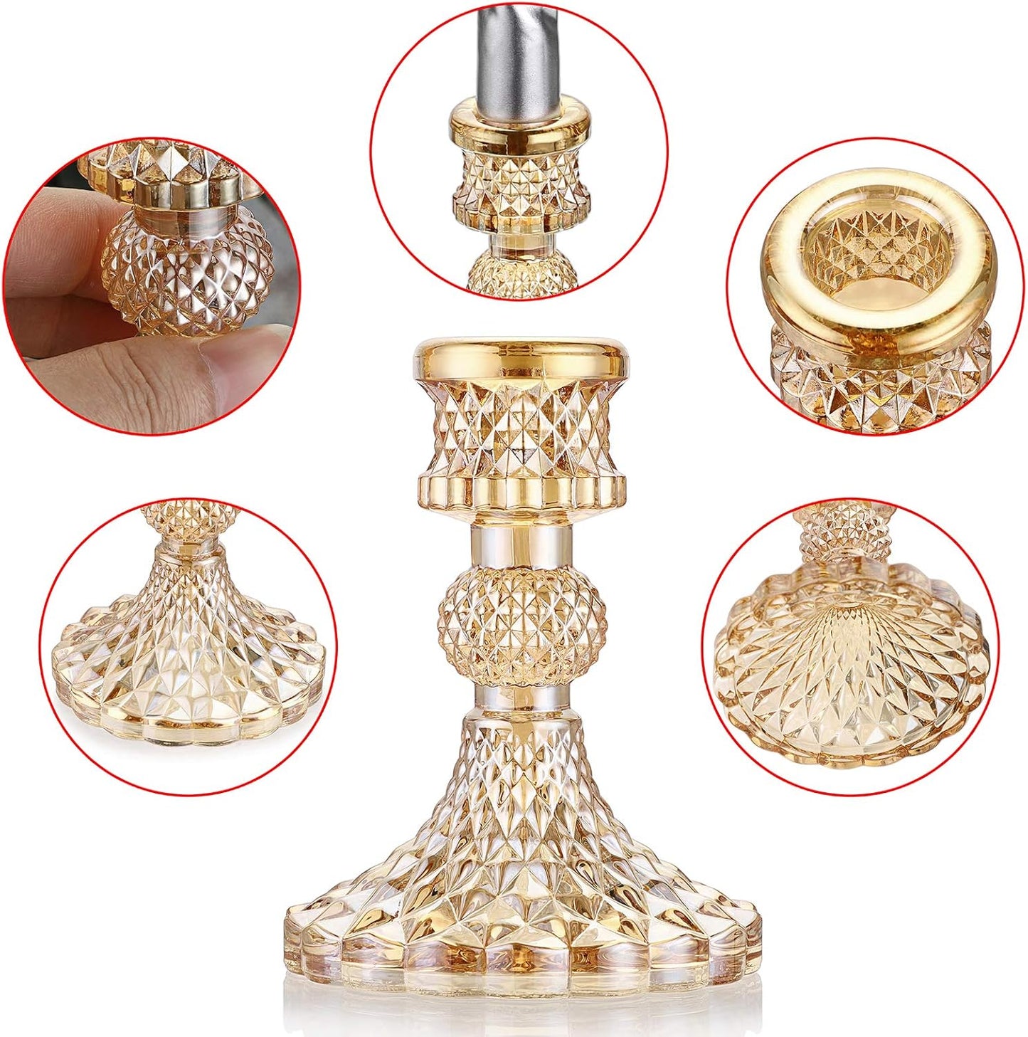 OwnMy Set of 2 Gold Glass Taper Candle Holders Decorative Glass Candlestick Holders, Modern Taper Candle Stands Candlesticks for Dining Table Centerpieces Wedding Church Decor