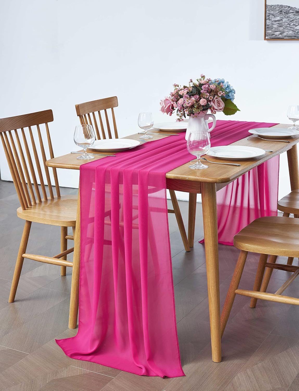 5 Pack 10Ft Fuchsia Chiffon Table Runner Sheer 29x120 Inch for Romantic Wedding Decor Bridal & Baby Shower Birthday Rustic Party Decoration