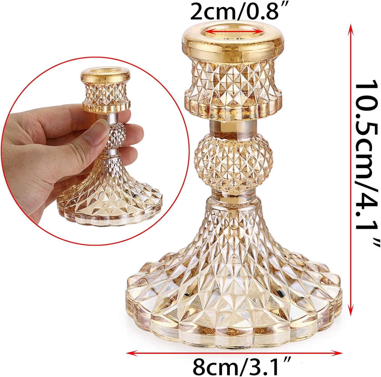 OwnMy Set of 2 Gold Glass Taper Candle Holders Decorative Glass Candlestick Holders, Modern Taper Candle Stands Candlesticks for Dining Table Centerpieces Wedding Church Decor