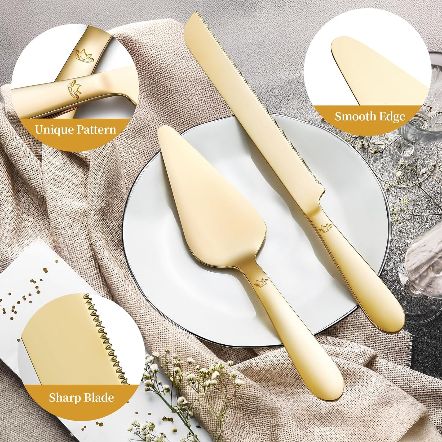 Cake Cutting Set for Wedding - Extended Cake Knife and Server Set Thickened Stainless Steel 13.0" Cake Cutter 10.49" Pie Spatula Great for Birthday Anniversary Christmas Gift 2 Pcs Gold