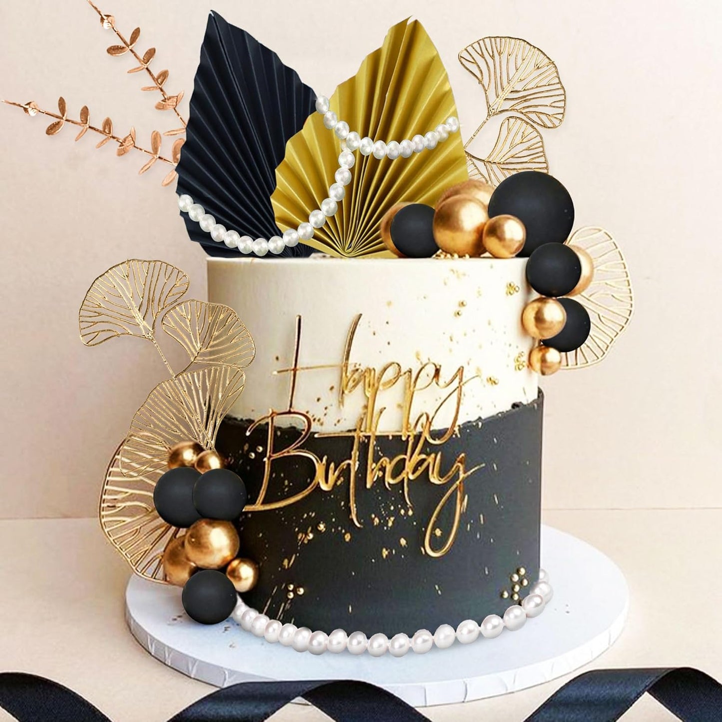 Boho Cake Topper Black Gold Balls Cake Topper Gold Leaves Cake Decoration Prom Cake Decoration Roaring 20s Cake Decoration 1920s Party Supplies