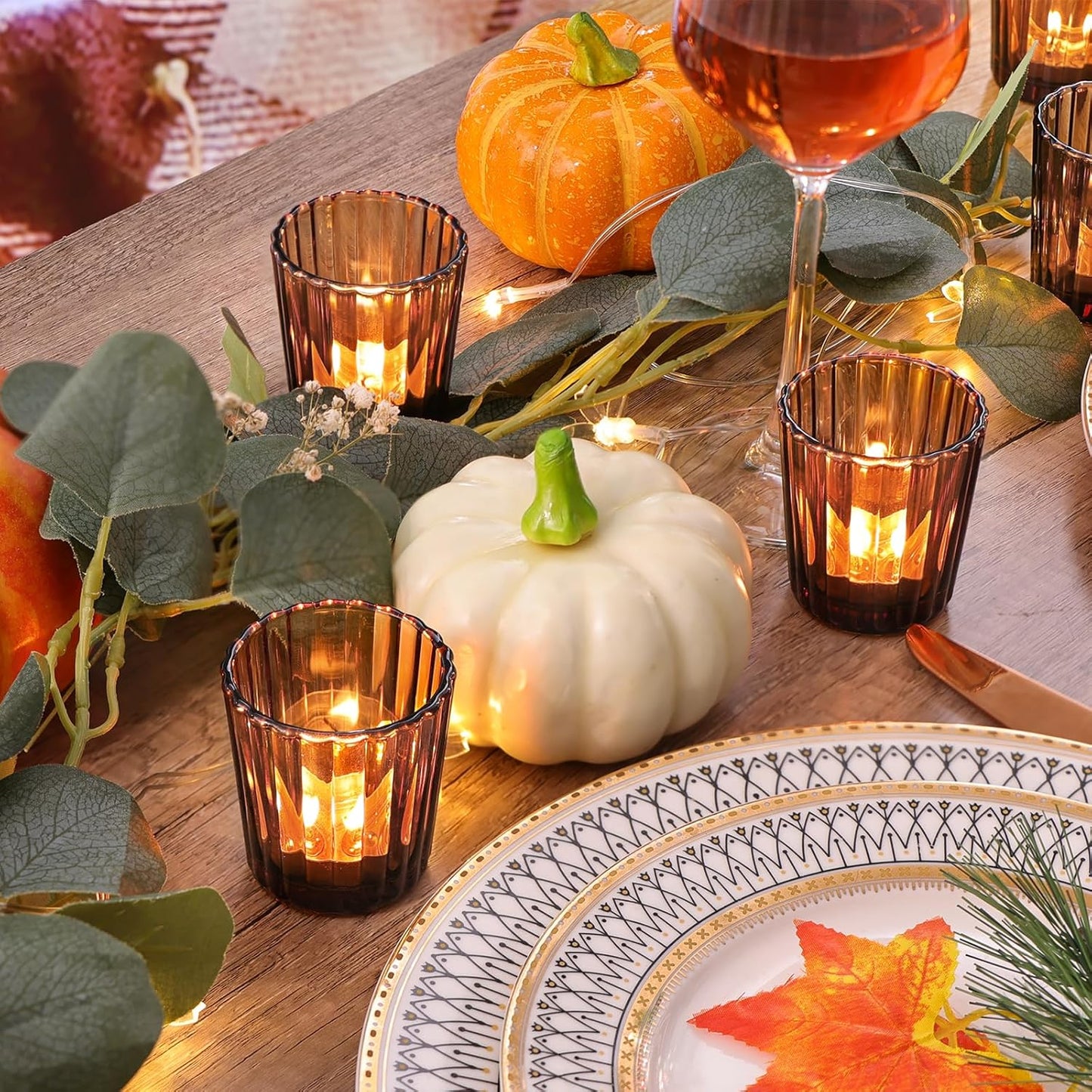 24pcs Vintage Ribbed Amber Votive Candle Holders, Fall Centerpieces for Tables, Tealight Candle Holder for Thanksgiving, Wedding Decor, Boho Home Decor and Christmas Decor