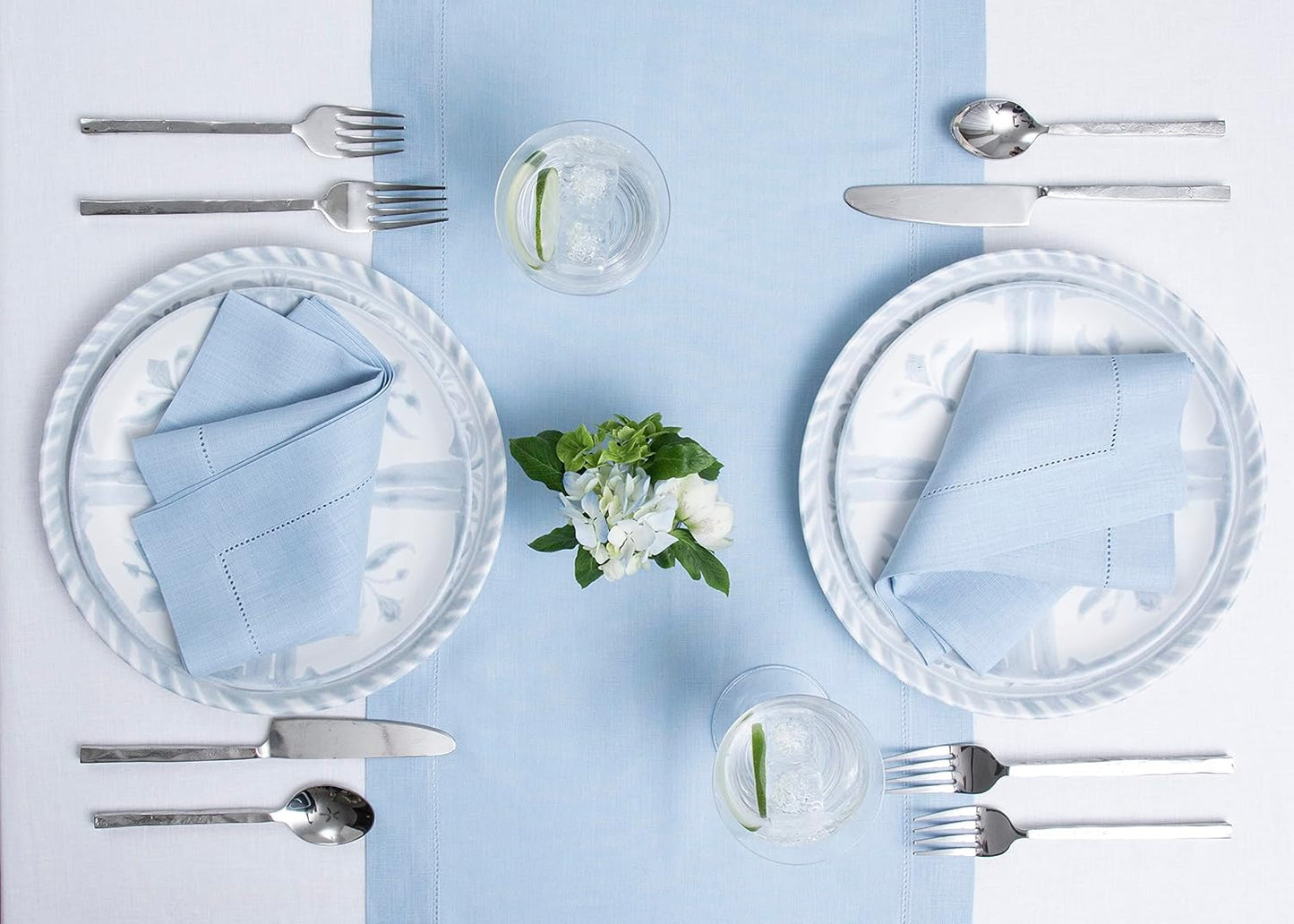 Solino Home Linen Sky Blue Table Runner 132 Inches Long - 100% Pure Linen Extra Long Table Runner 14 x 132 Inch for Christmas - Classic Hemstitch