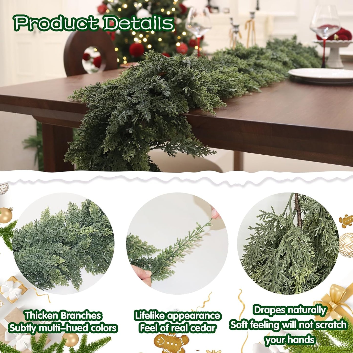 Artificial Cedar Garland for Christmas Decoration - Realistic Winter Greenery Garland for Mantel, Fireplace, Table, Door, Holiday Indoor Outdoor Decor 5FT