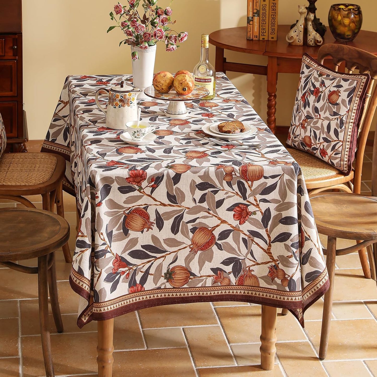 patdrea Designer Vintage Long Rectangle Tablecloth,Linen Pomegranates and Leaves Pattern Tablecloths,Fall Table Cover Cloth Decor for Kitchen Dining Christmas,Thanksgiving,63"x94"-Tehran a
