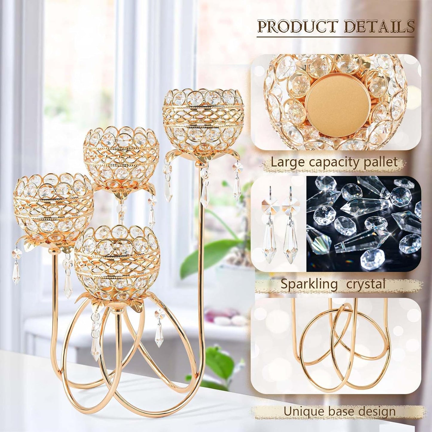 4 Arms Crystal Candelabra Tealight Holder - Tall 15.7 Inch Elegant Centerpiece with Crystal Pendant Bowls & Artistic Metal Stand for Wedding, Dining Table, Home Decor (1, Gold)