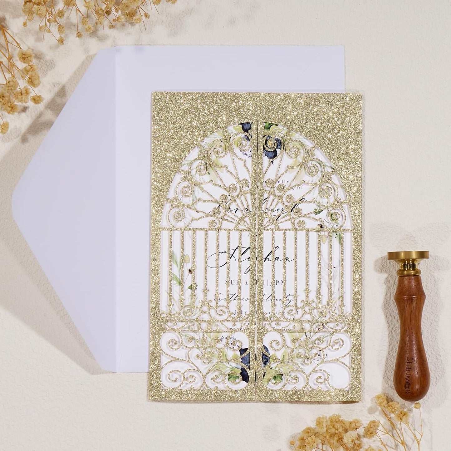 25Pcs Light Gold Glitter Laser Cut Wedding Invitation Kits with Envelopes and RSVP Cards Personalized Invitations for Sweet 16 Baby Bridal Shower Engagement Quinceanera Invite