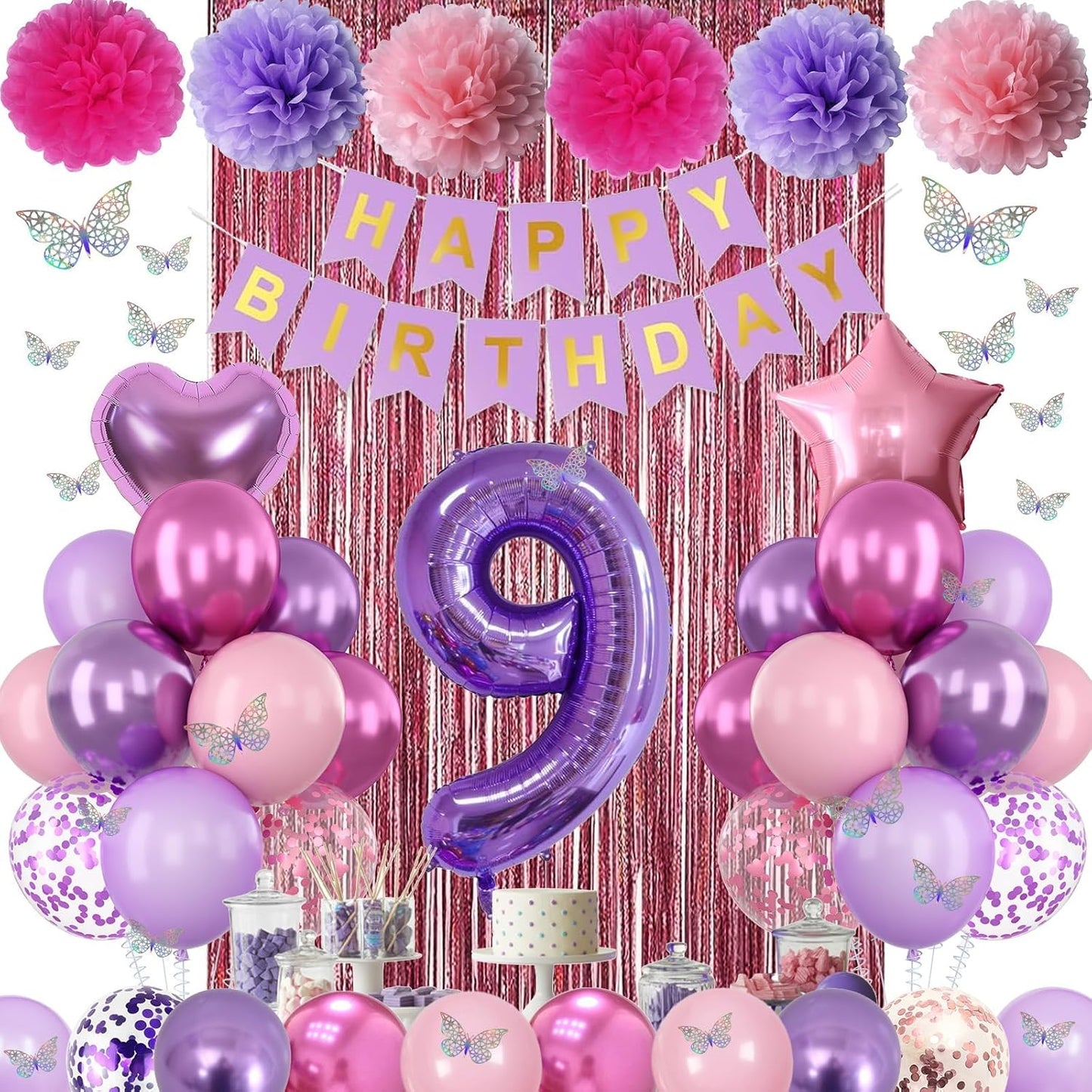 Pink Purple 9th Birthday Party Decorations for Girls Number 9 Balloon Happy Birthday Banner Butterfly Stickers Fringe Curtain Paper Pom Poms Metallic Hot Pink Star Foil Balloons 9 Year Old Princess