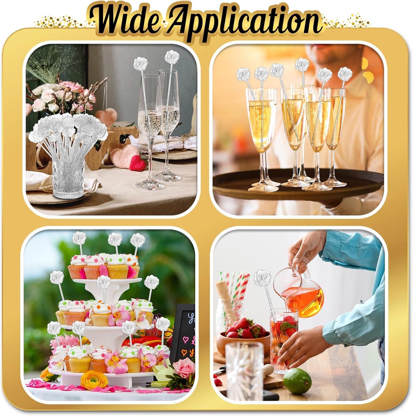 100 Pcs Silver Glitter Drink Stirrers Cocktails Plastic Swizzle Sticks 7.5 Inch Cupcake Pop Sticks Toppers Rose Top Wedding Drink Stirrers for Mixed Drinks Coffee Birthday Wedding Party