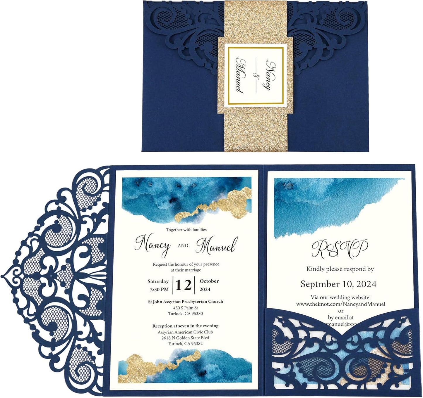 DORIS HOME 50PCS Laser Cut Wedding Invitations with Envelopes and RSVP Cards Personalized Inner With Gold Glitter Belly Band for Wedding Engagement Bridal Shower Party Invite 4.7x7 Inch Navy Blue