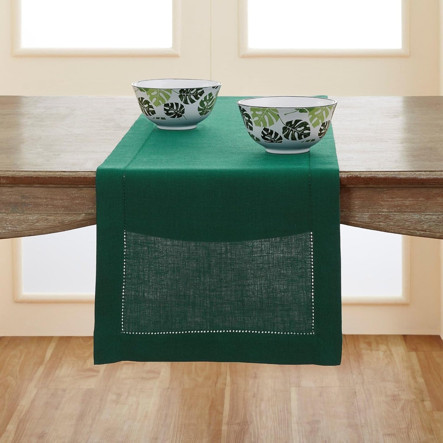 Solino Home Linen Rainforest Green Table Runner 144 Inches Long - 100% Pure Linen Extra Long Table Runner 14 x 144 Inch for Fall, Autumn, Thanksgiving - Classic Hemstitch