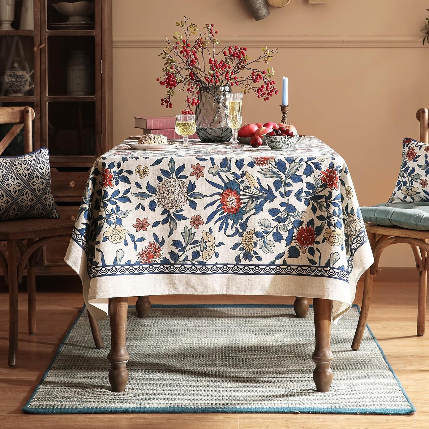 patdrea Designer Blue Tablecloth for Rectangle Table,Vintage Linen with Leaves and Floral Pattern Long Tablecloths,Farmhouse Decor Cover for Kitchen Dining Christmas,Thanksgiving,63"x102"-Ivar a