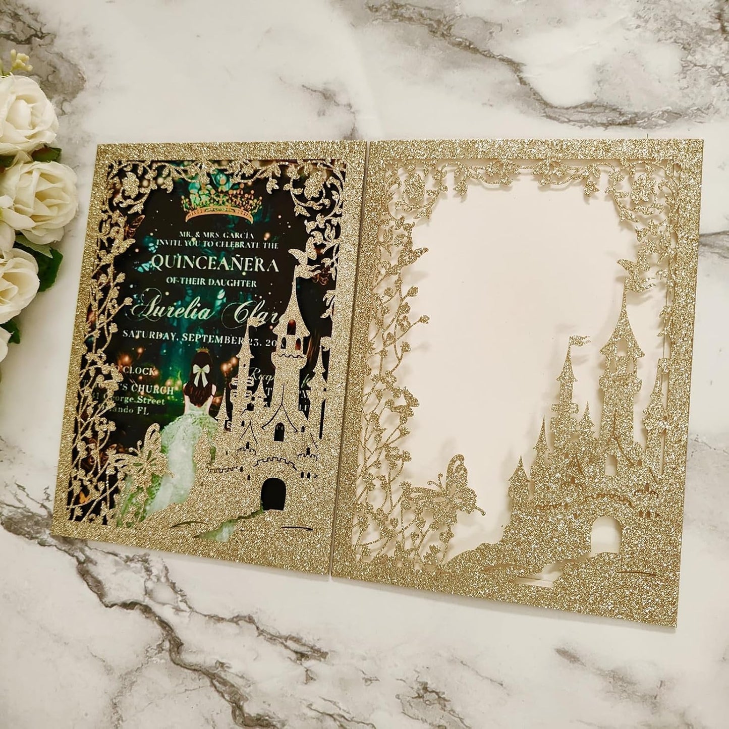 20PCS Castle Pocket Invitations, Quinceanera Invitations with Envelopes, Princess Invitation, Laser Cut quince invites (glitter light gold)