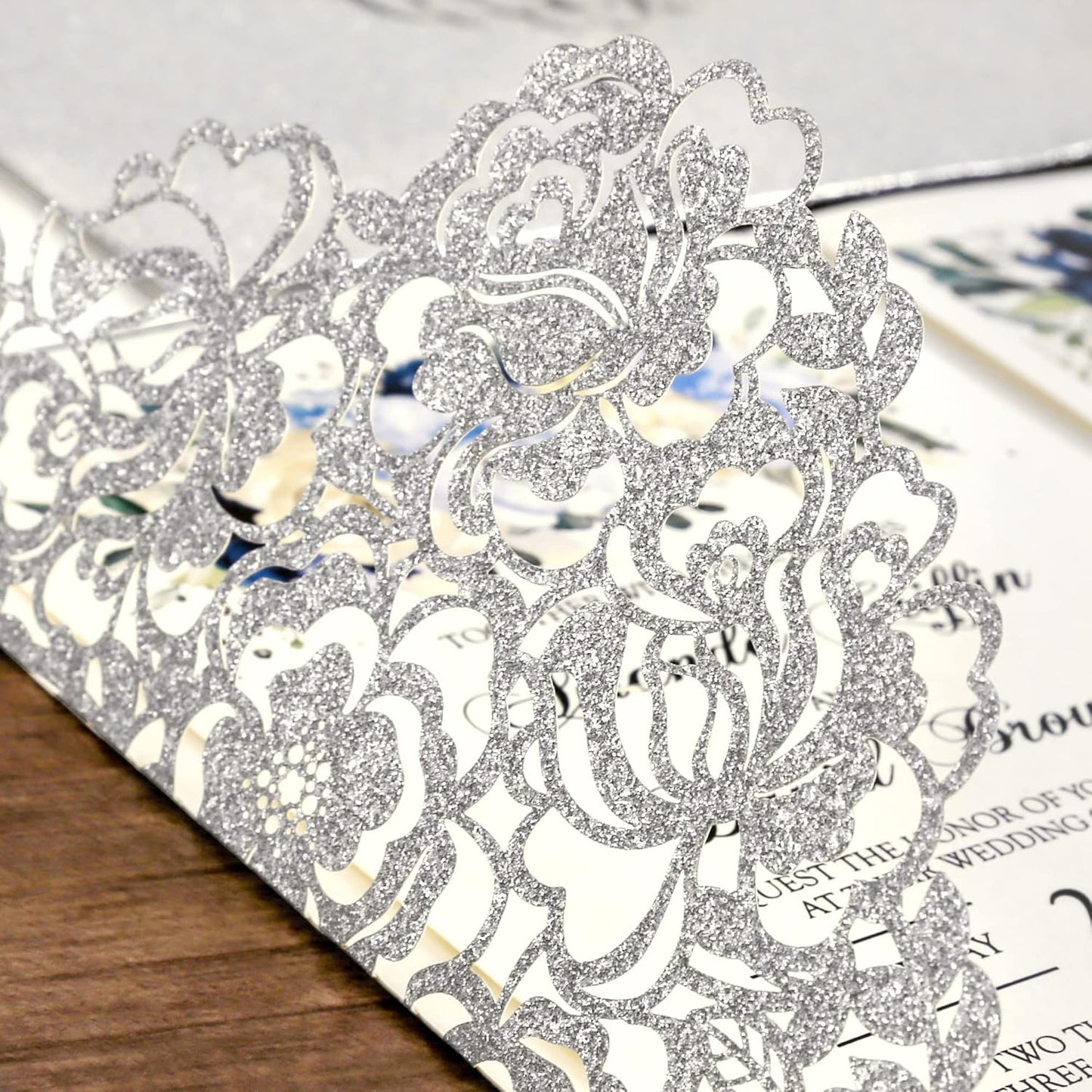 DORIS HOME 50pcs Laser Cut Wedding Invitations with Envelopes and RSVP Cards Silver Glitter, 4.7x7.1 Personalized Invitation Cards for Wedding, Anniversary Invitations with Envelopes