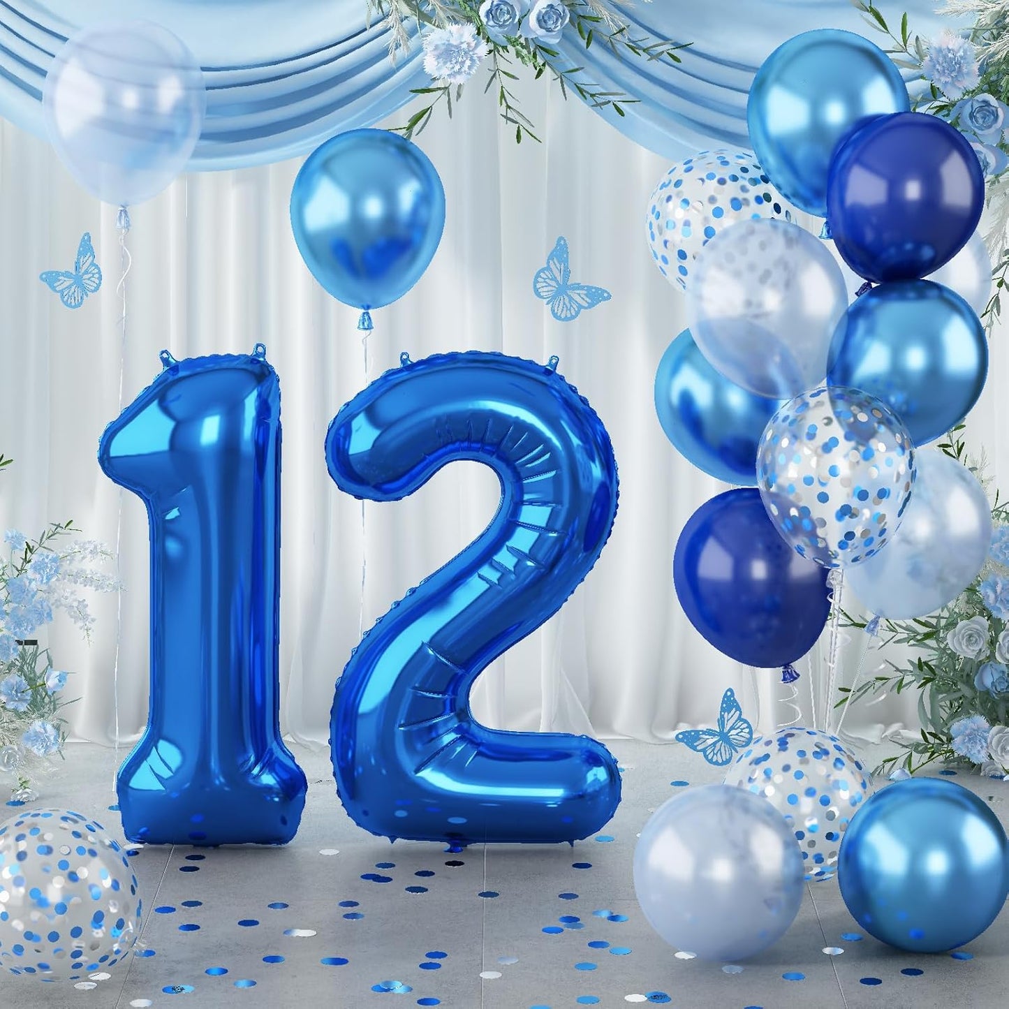 Navy Blue 12th Birthday Giant Self Inflating Number 12 Balloon, Metallic Dark Blue Silver Confetti Foil 40 Inch Helium Balloon for Boys Birthday Party Women Anniversary Decor