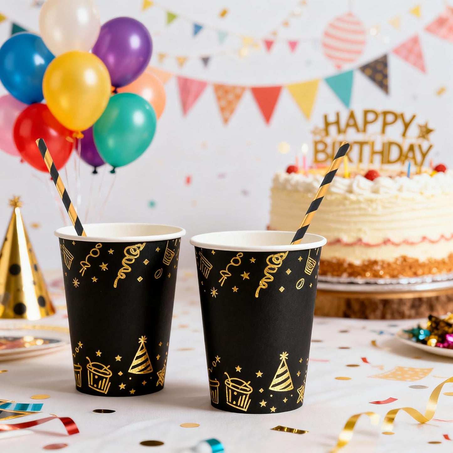 Disposable Paper Drinking Straws - Biodegradable Black Gold Striped Straws for Graduation, Birthday, Party, Bars, 7.75 inch