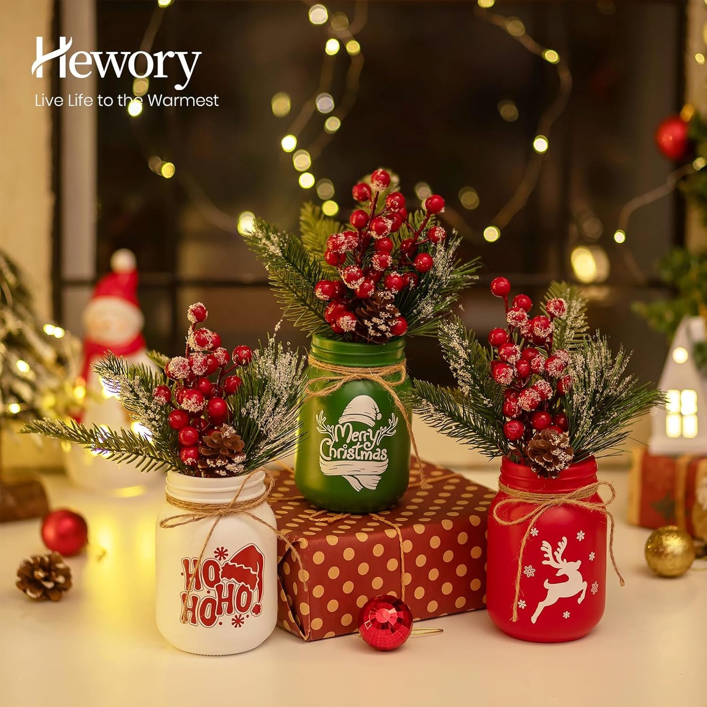 Hewory Christmas Vase for Table Centerpieces: 3 PCS Glass Christmas Mason Jars with Arrangemengts - Delicate Holiday Decor for Mantle Coffee Table Shelves