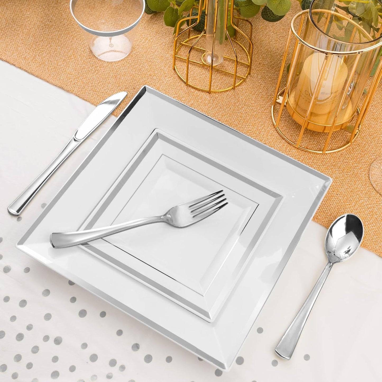 Goodluck 352 Piece Silver Dinnerware Set for 50 Guests, Square Plastic Plates with Silver Trim, Include: 100 Plastic Plates, 50 Rolled Napkins, 50 Cups, 50 Cutlery Set and 2 Tablecloth