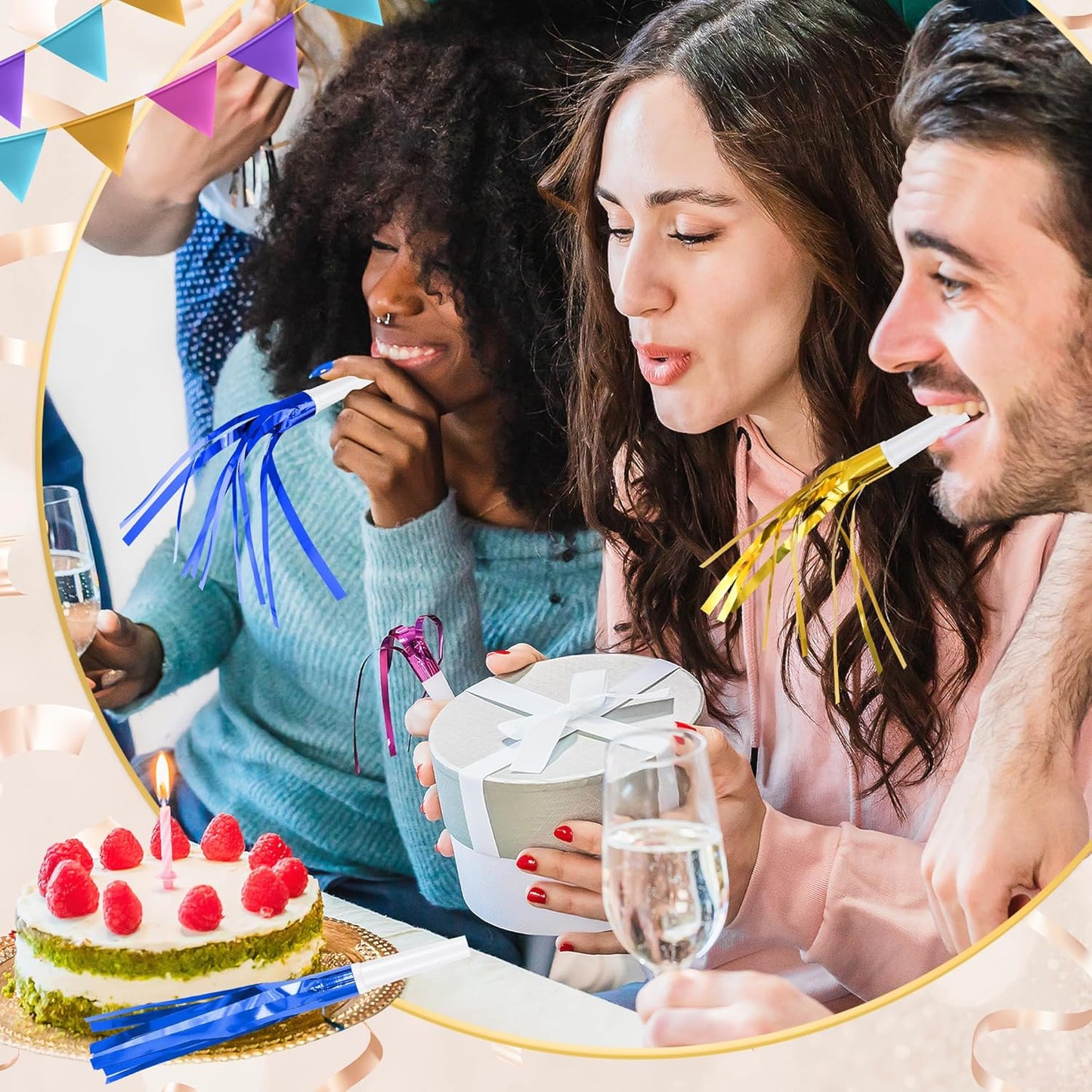 12 Pcs Glitter Noise Makers Metallic Fringed Party Blower for Adults Birthday Graduation New Years Party Favors Supplies (Blue)