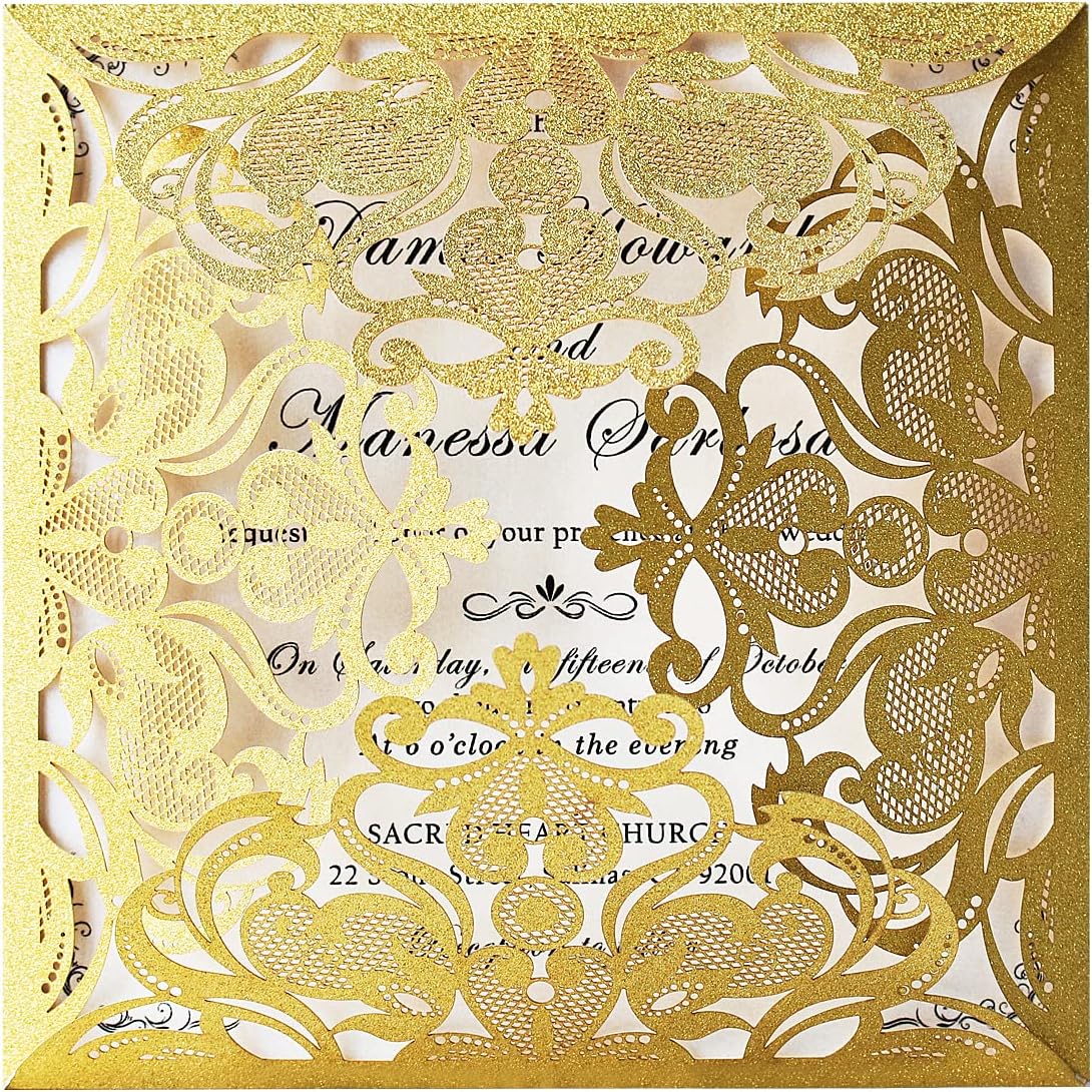 Hosmsua 6.3 x 6.3 Inch 50PCS Gold Glitter Laser Cut Wedding invitation Cards with Envelopes Hollow Lace Rose Invitation for Engagement Wedding Bridal Shower Invite (Gold Glitter)