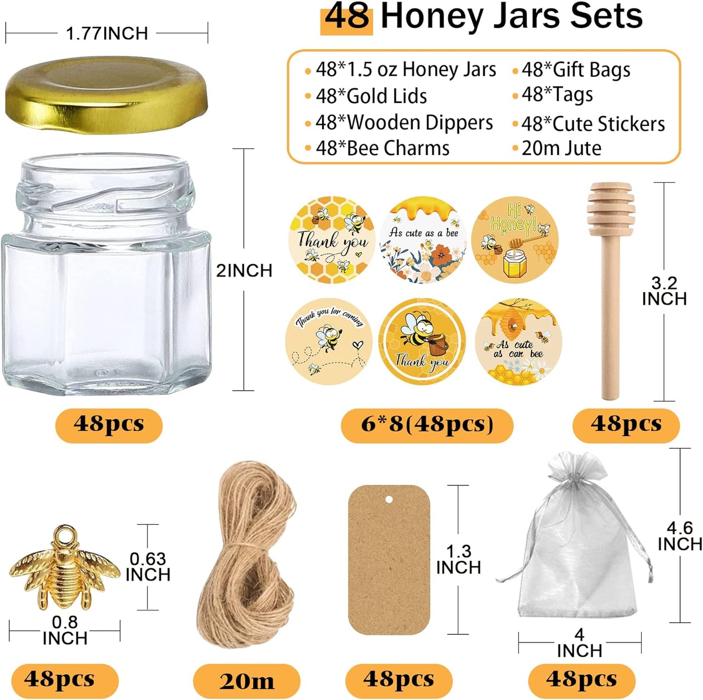 Aliggbent 48 Pack Mini Honey Jars Party Favors in Bulk, 1.5 oz Small Hexagon Glass Honey Jars with Dippers, Lids, Cute Stickers, Bee Charms, Gift Bags and Jute for Baby Showers, Weddings & Birthdays