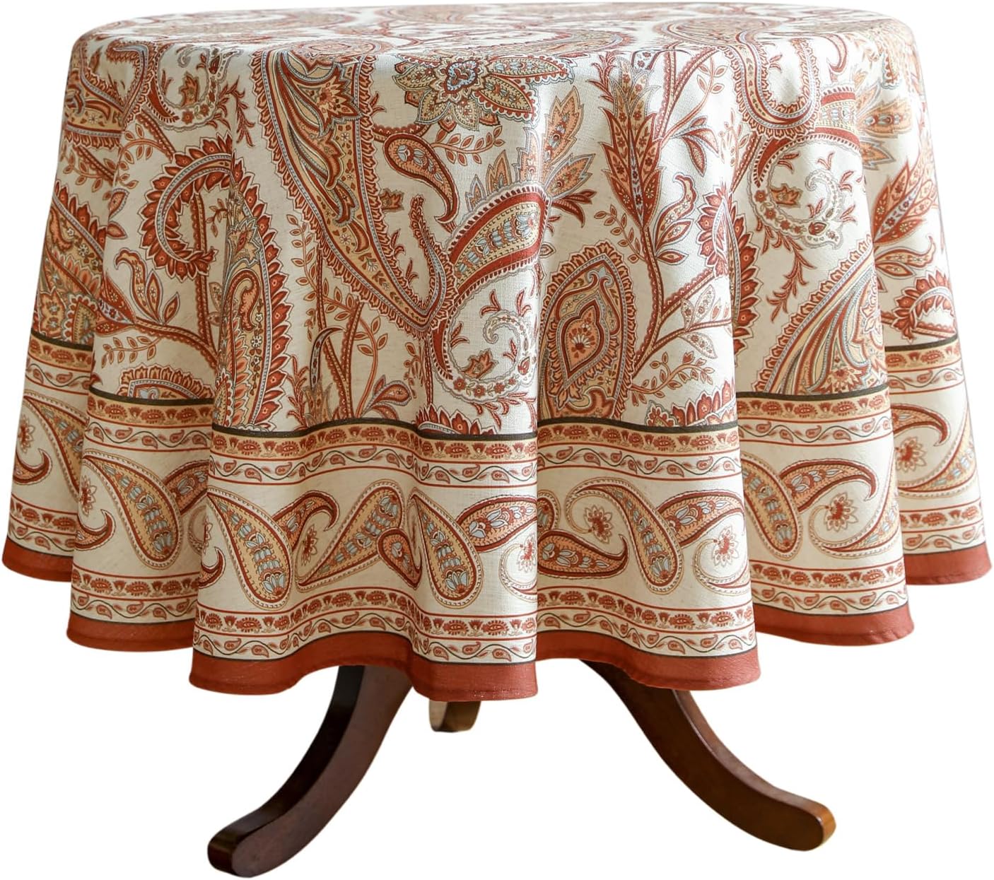 ISAENNE Designer French Red Round Tablecloth,Fall Linen Table Cloth with Cashew Pattern,Stain Proof Decor Tablecloths for Dining Thanksgiving Kitchen Christmas,Diameter 67"-Chauffrey D