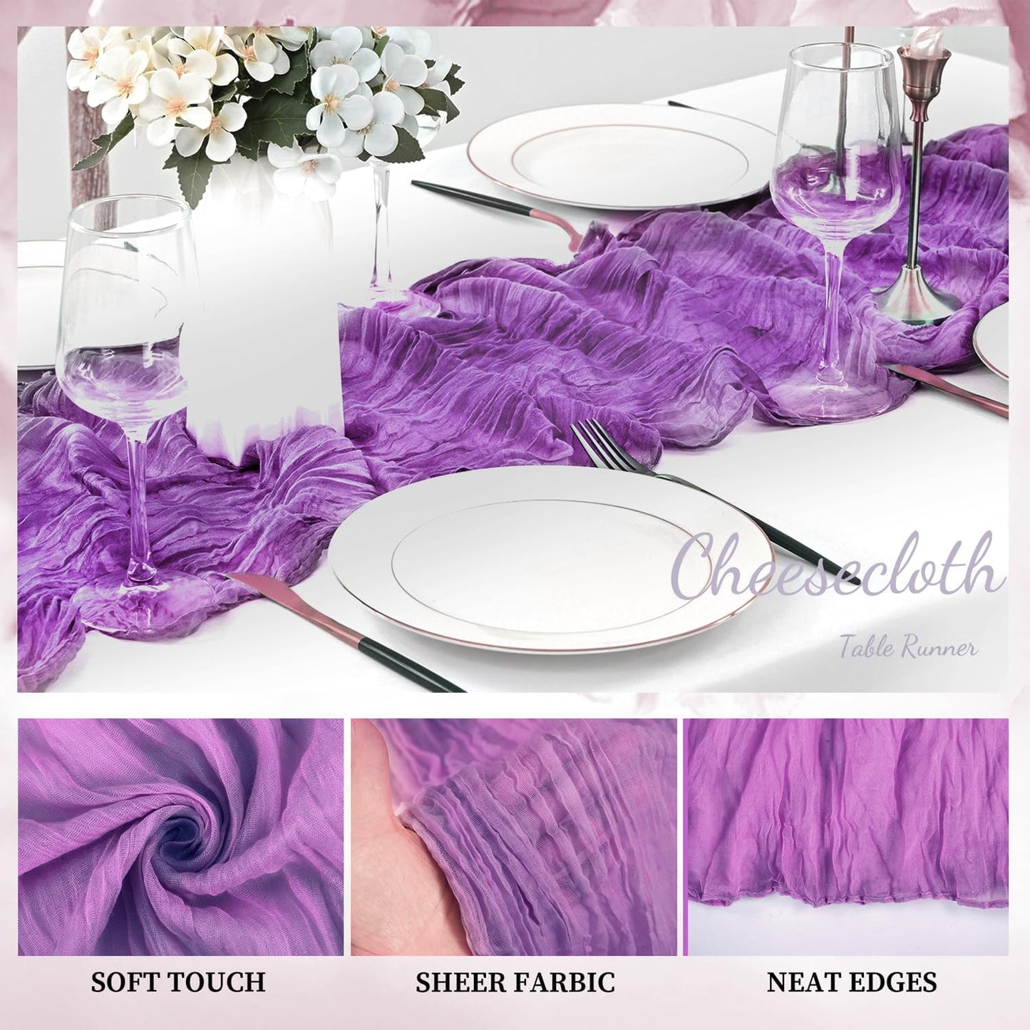 6 Pack Purple Cheesecloth Table Runner 10FT Boho Fabric Rustic Cheese Cloth Table Runner for Wedding Bridal Shower Baby Shower Gauze Sheer Birthday Party Table Decorations 20 x 120 Inch Long