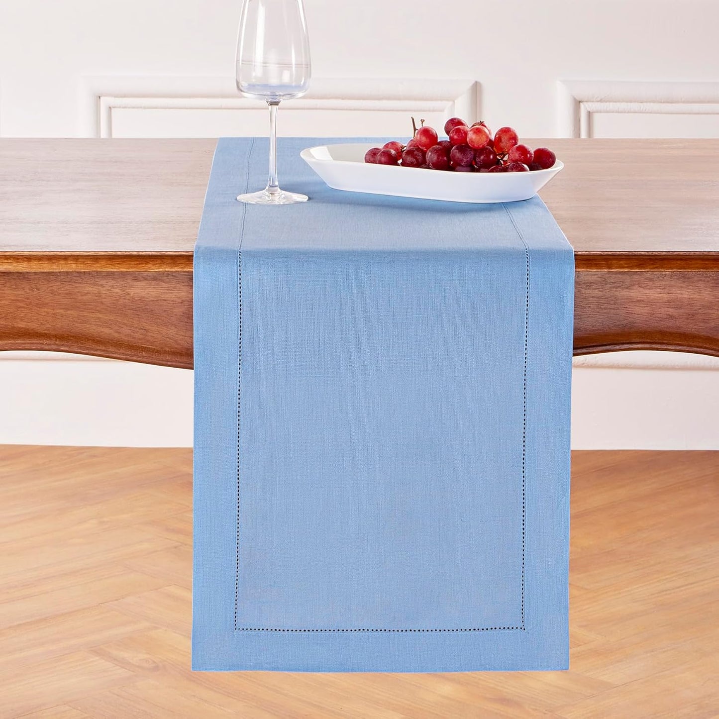 Solino Home Linen Cornflower Blue Table Runner 72 Inches Long - 100% Pure Linen Hemstitch Table Runner 14 x 72 Inch for Dresser, Dining, Christmas, Holiday - Classic Hemstitch