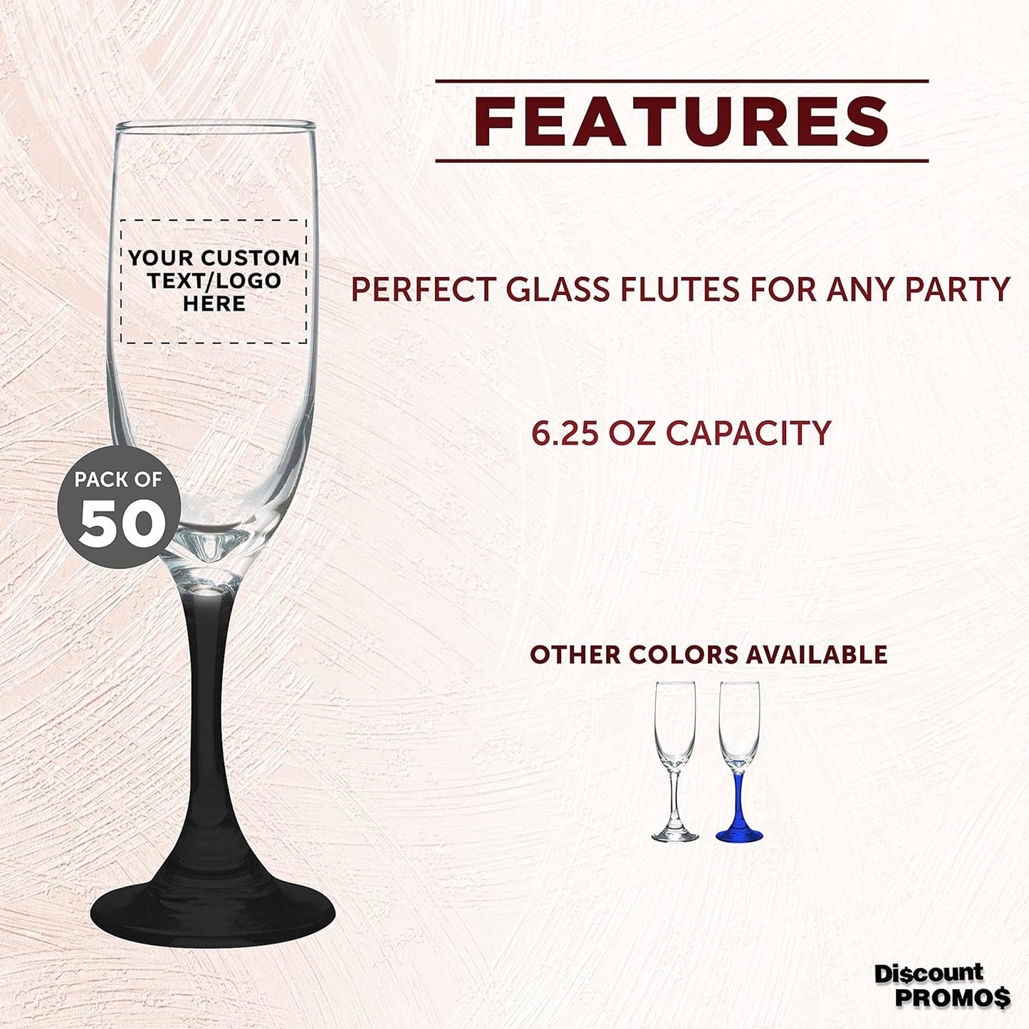 DISCOUNT PROMOS Custom Premiere Champagne Flutes 6.25 oz. Set of 50, Personalized Bulk Pack - Elegant Drinkware for Weddings, Events, & Promotional Gifts - Black