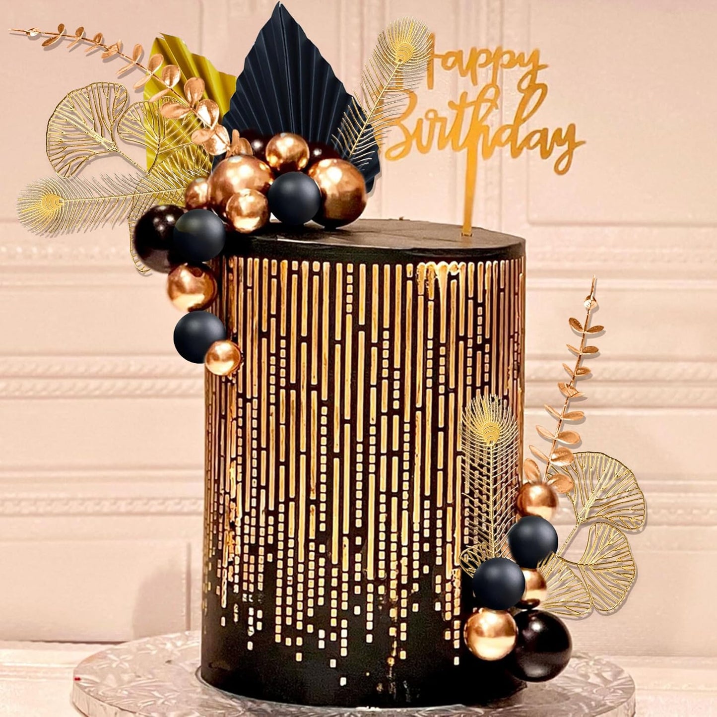 Boho Cake Topper Black Gold Balls Cake Topper Gold Leaves Cake Decorations Prom Cake Decoration Roaring 20s Cake Decoration 1920s Party Supplies Balls Cake Decorations