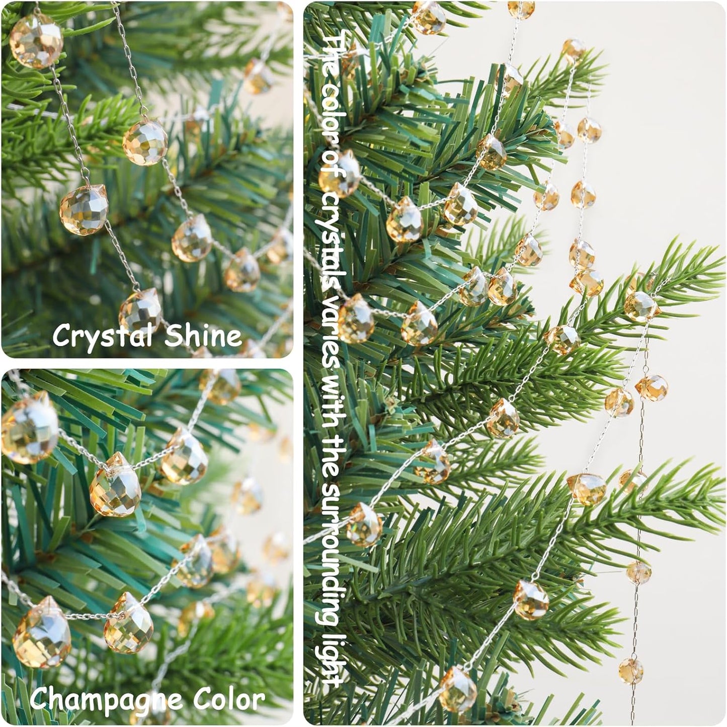 Christmas Garland, 9.8Ft Crystal Glass Beads Strands, 100pcs 10mm Faceted Waterdrop Glass Beads Hanging Ornament for Christmas Tree Centerpieces Wedding Party Decorations (Gold)