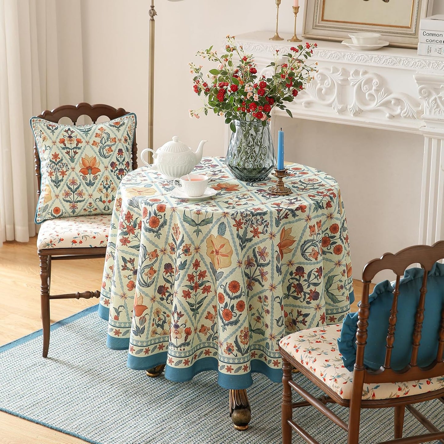 ISAENNE Designer Linen Elegant Small Round Tablecloth,Colorful Floral Bohemian Table Cloth,Wrinkle Resistant Decor Tablecloths for Dining Thanksgiving Kitchen Christmas,Diameter 55"-Floralsea A