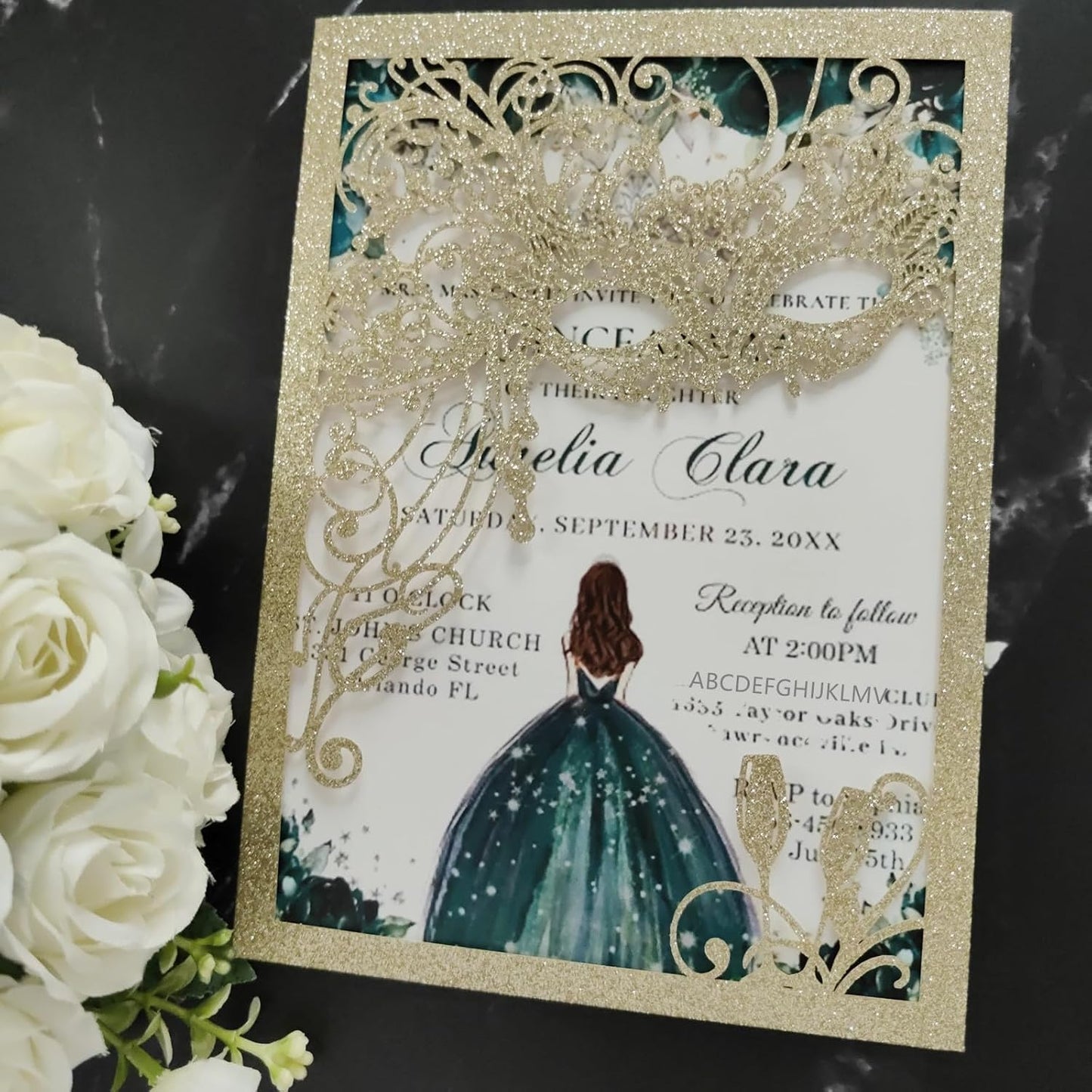 20PCS Masquerade Invitations, masquerade wedding invites, laser cut invitation pockets for quinceanera,xv,16 birthday,bridal shower,wedding,Anniversary,holiday party,etc. (glitter light gold)