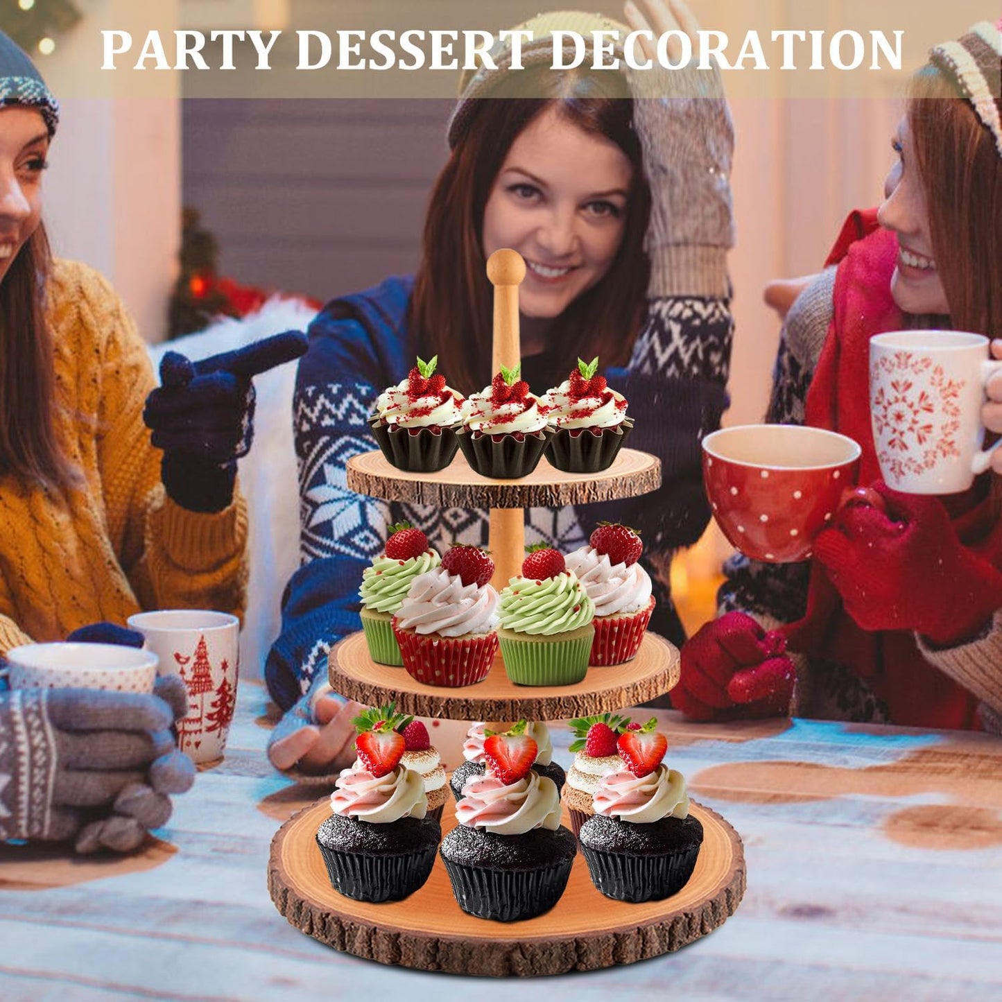 Cupcake Stand Wood Dessert Stands 3-Tier Wood Cupcake Stand - Elegant Farmhouse Dessert Display for Weddings, Baby Showers, Tea Parties, & More./Wedding Décor/Tea Party/Birthday/Graduation/Holiday.